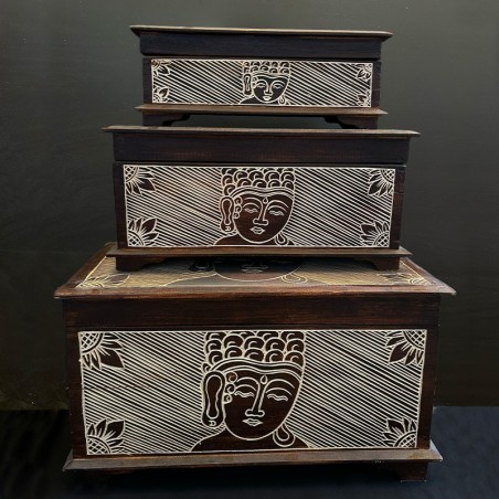 Set 3 cutii din lemn sculptat – motive Buddha