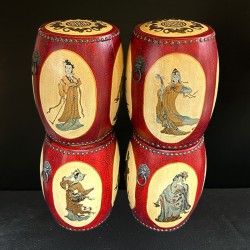 Set 4 taburete din lemn, îmbrăcate în piele ecologică și mușama