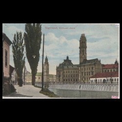 Carte poștală veche Oradea – Malul Crisului cu Primaria – 1913
