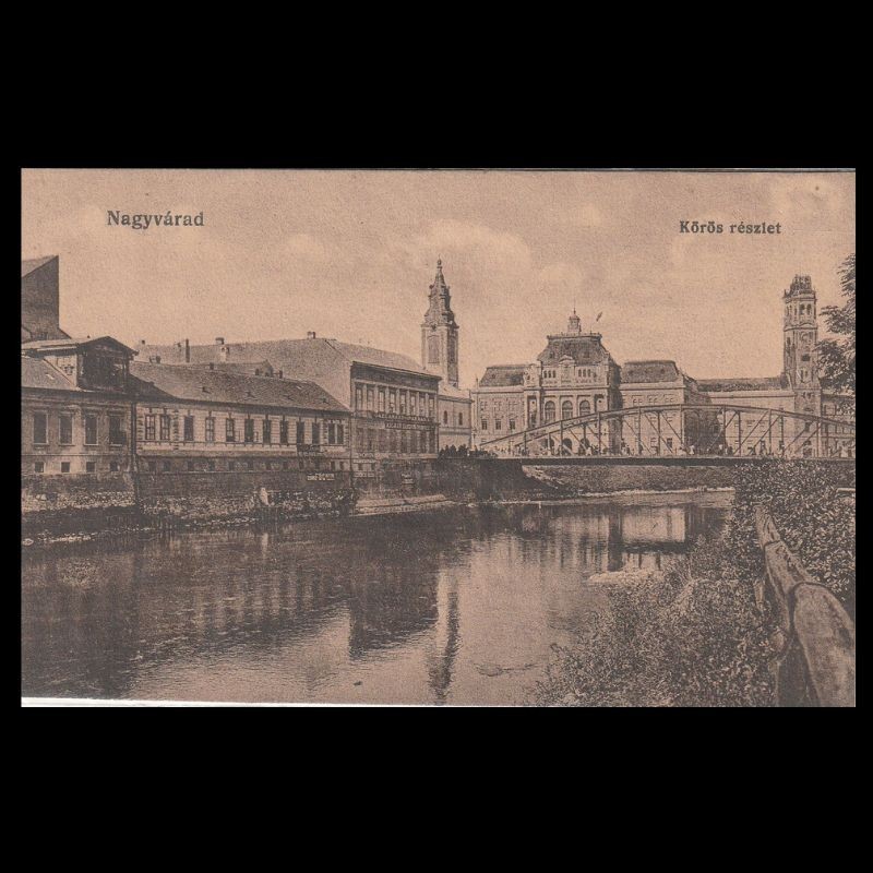 Carte poștală veche Oradea – Malul Crisului cu Primaria – 1915