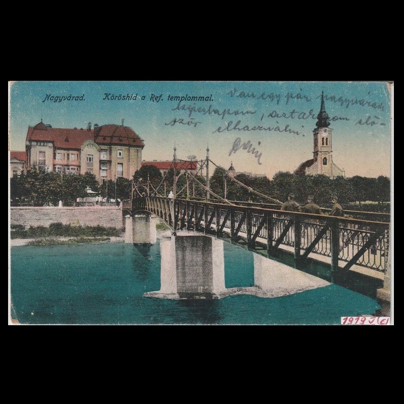 Carte poștală veche Oradea – Malul Crisului cu Biserica Reformata – 1919