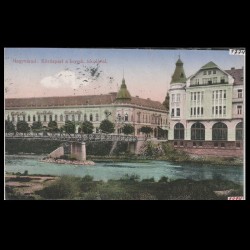 Carte poștală veche Oradea – Malul Crisului cu Scoala de Comert – 1914