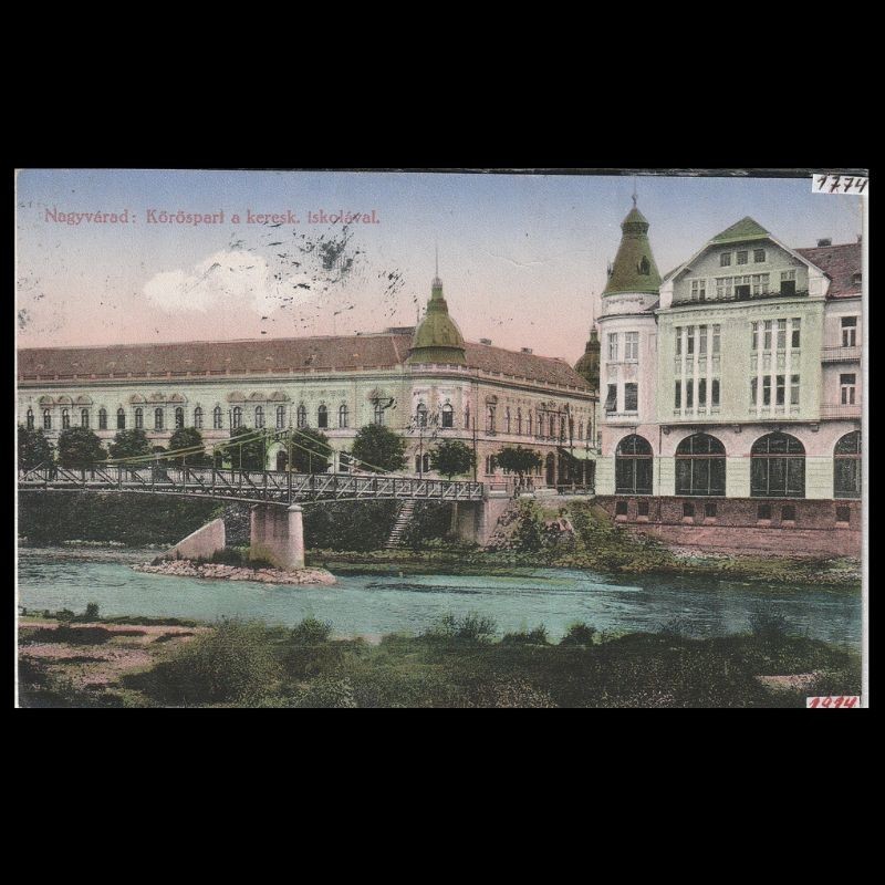 Carte poștală veche Oradea – Malul Crisului cu Scoala de Comert – 1914