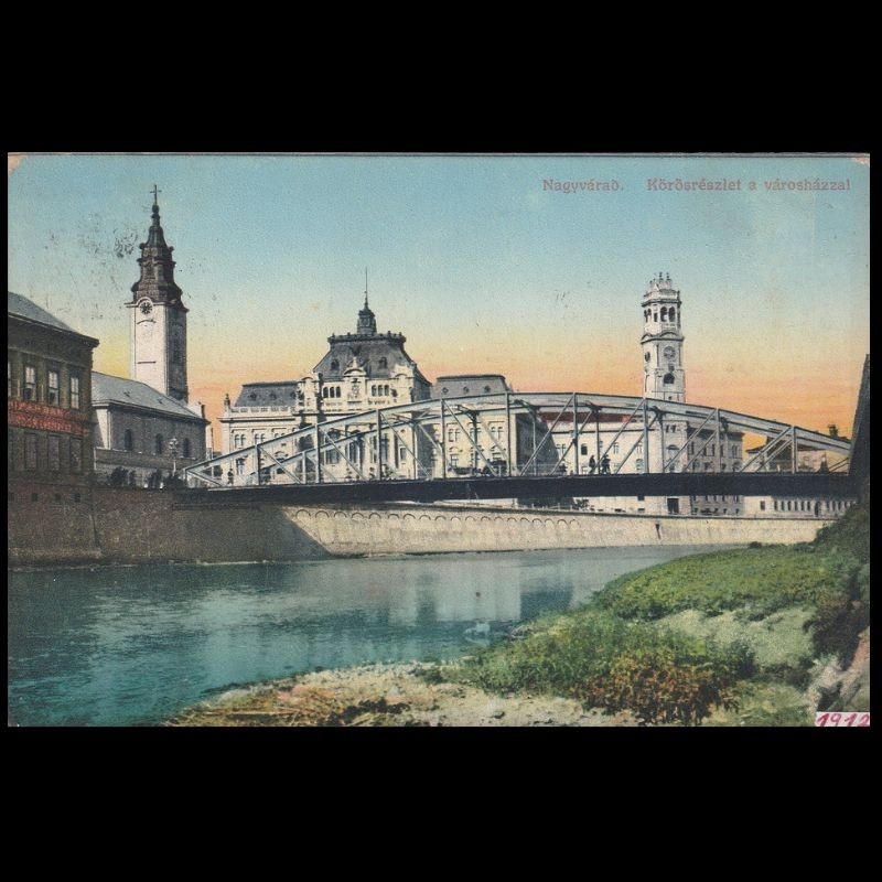 Carte poștală veche Oradea – Körösparti Részlet a Városházával (Vedere Malul Crisului cu Primaria) – 1915