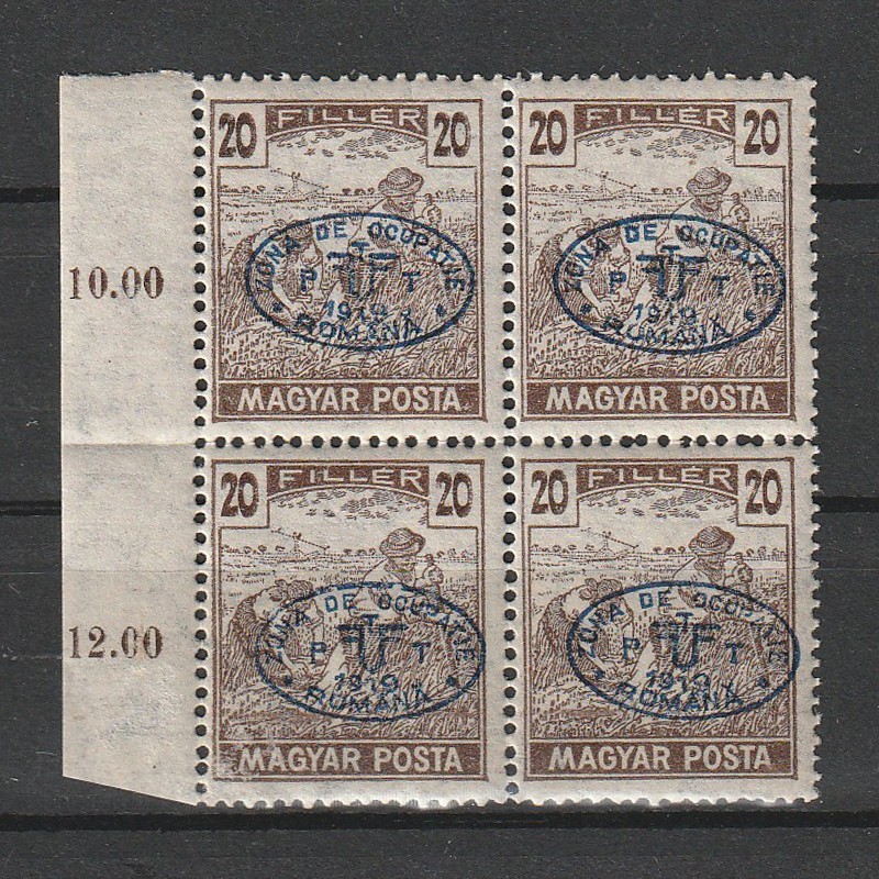 20 Filler Seceratorii Magyar Posta - zona Debrețin 1919 Bloc de 4