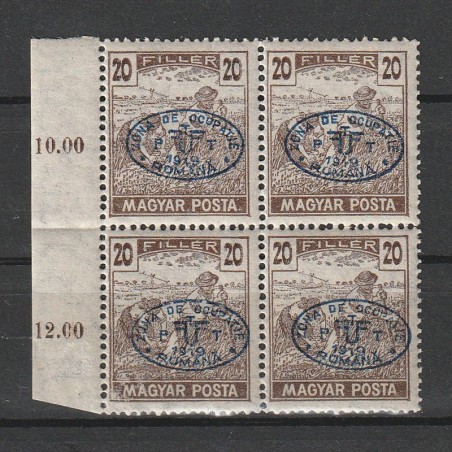 20 Filler Seceratorii Magyar Posta - zona Debrețin 1919 Bloc de 4